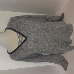 Jennifer Lopez JLO Gray Pullover Sweater with Lace up Rhinestoned Neckline XL